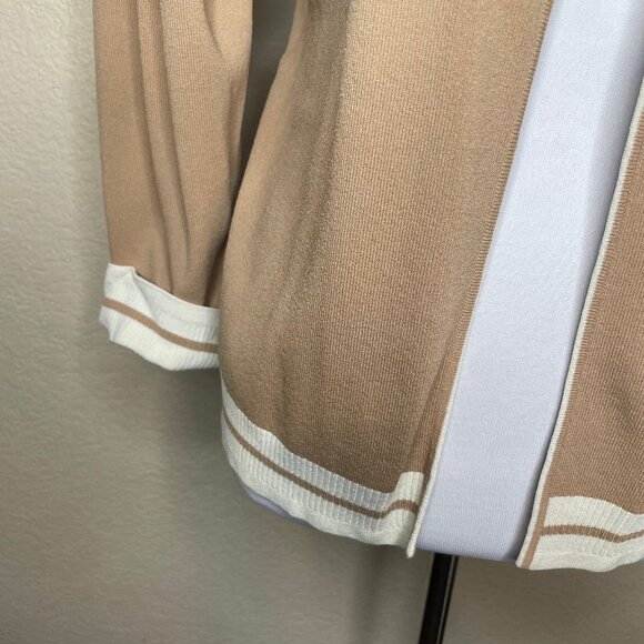 FINITY Tan Contrast Trim Cardigan XL Slinky Knit Single Button Old Money Chic - Picture 3 of 10